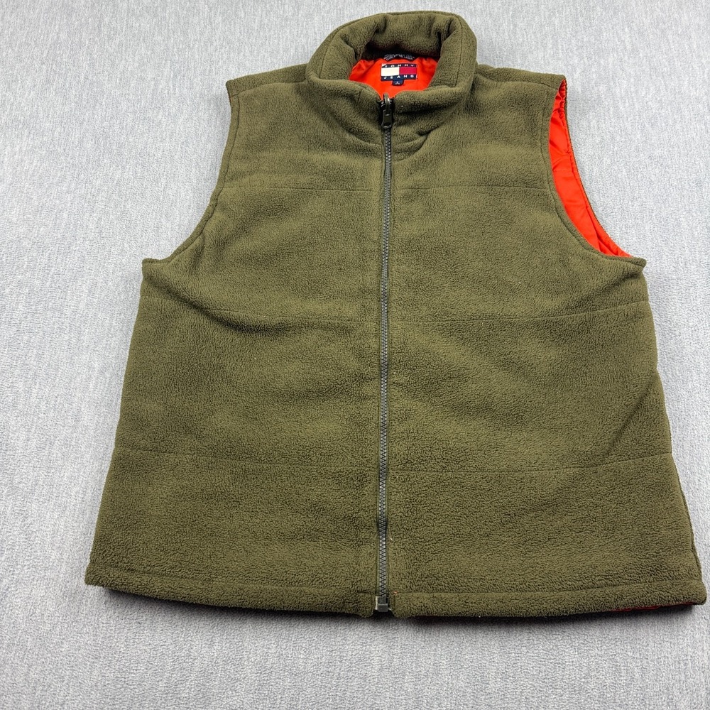 Tommy Hilfiger Vest Womens Large Green Orange Flag‎ Fleece Full Zip Coat Jacket